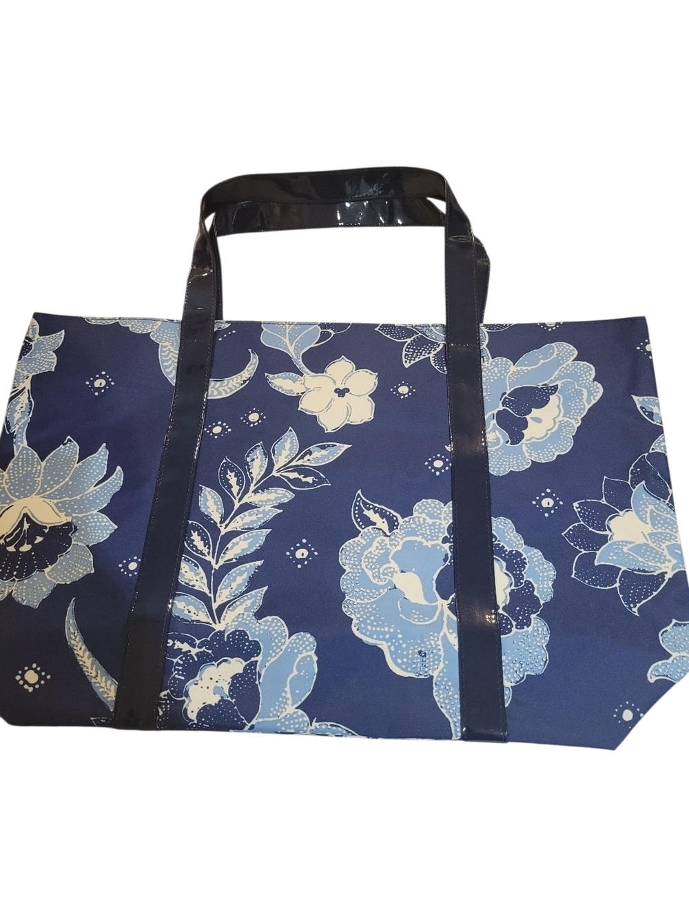 Blue Floral Tote Bag with Navy Trim
